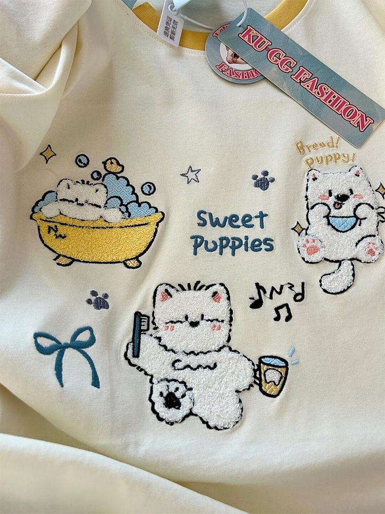 2025 Summer Korean Ins Short-Sleeved New Fashion Casual Age-Reducing Embroider Contrasting Collar Puppy Short-Sleeved T-Shirt For Women - Image 4