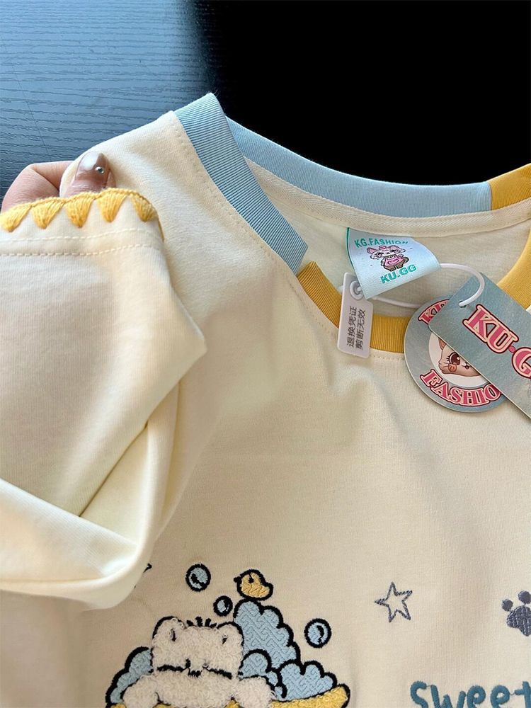 2025 Summer Korean Ins Short-Sleeved New Fashion Casual Age-Reducing Embroider Contrasting Collar Puppy Short-Sleeved T-Shirt For Women - Image 5