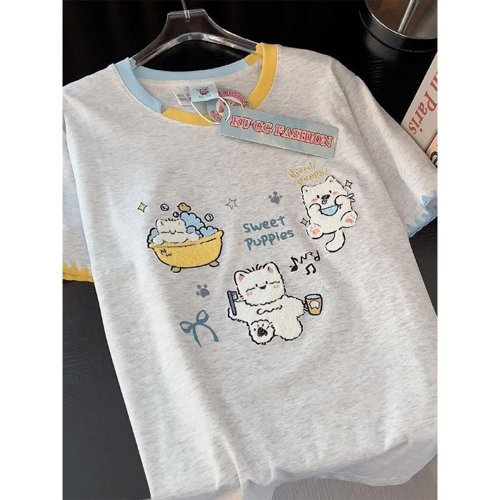 2025 Summer Korean Ins Short-Sleeved New Fashion Casual Age-Reducing Embroider Contrasting Collar Puppy Short-Sleeved T-Shirt For Women - Image 1