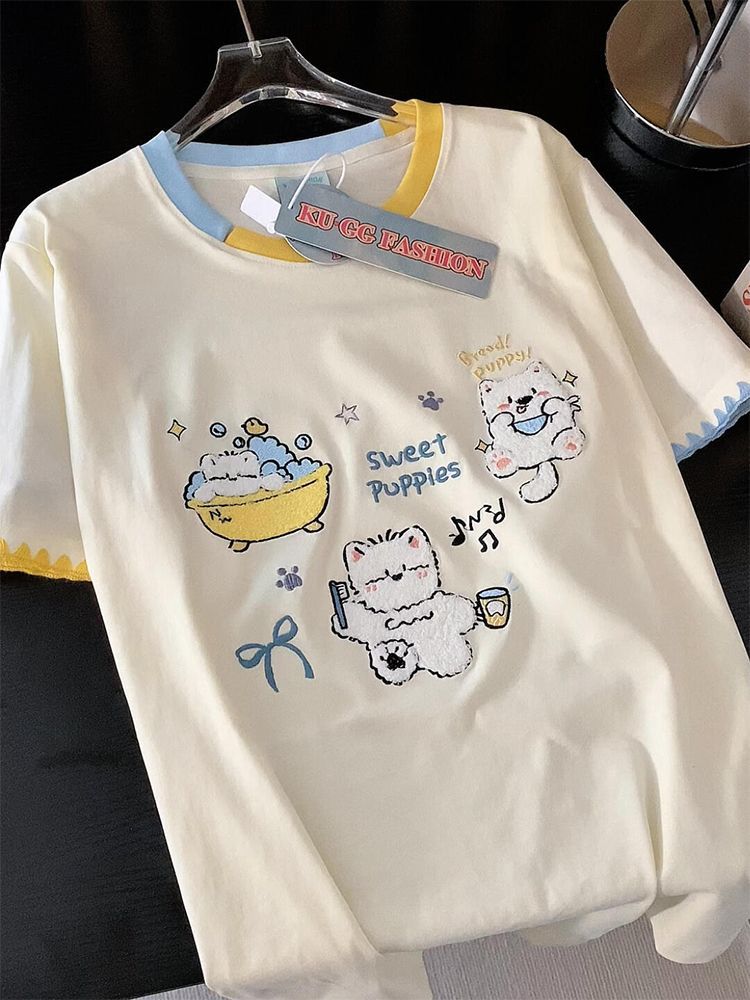 2025 Summer Korean Ins Short-Sleeved New Fashion Casual Age-Reducing Embroider Contrasting Collar Puppy Short-Sleeved T-Shirt For Women - Image 2
