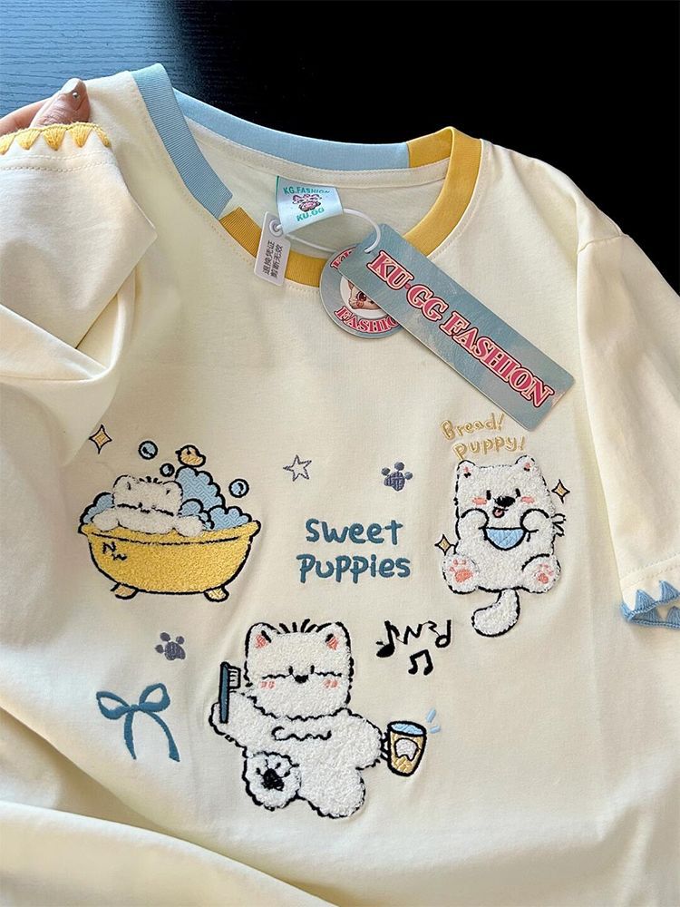 2025 Summer Korean Ins Short-Sleeved New Fashion Casual Age-Reducing Embroider Contrasting Collar Puppy Short-Sleeved T-Shirt For Women - Image 3