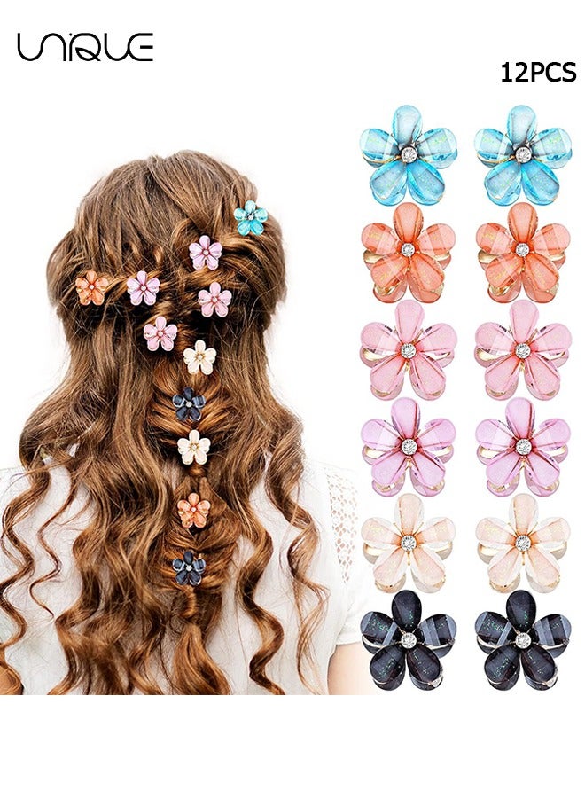 يونيك 12 قطع مصغرة حجر الراين الشعر كليب - كريستال يتوهم زهرة الشعر كليب، تألق الشعر كليب، المضادة للانزلاق الجانب كليب زخرفة الشعر، زخرفة الشعر الملونة للنساء والفتيات - Image 1