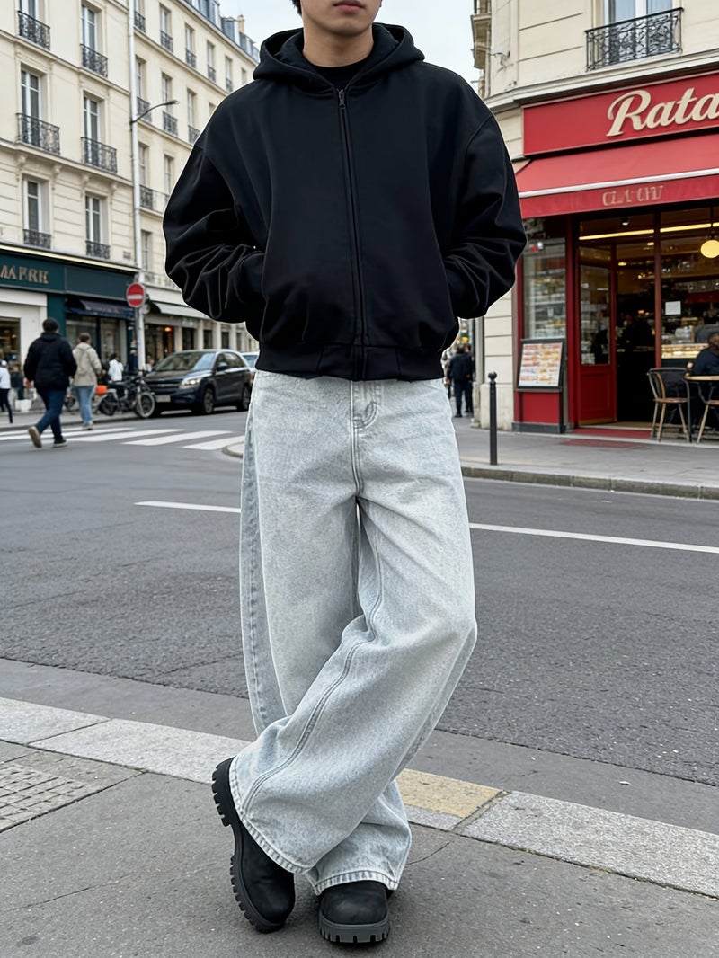American High Street Light Gray Washed Wide-Leg Jeans Retro Distressed Loose Straight-Leg Pants Trendy Drop-Seat Trousers - Image 3