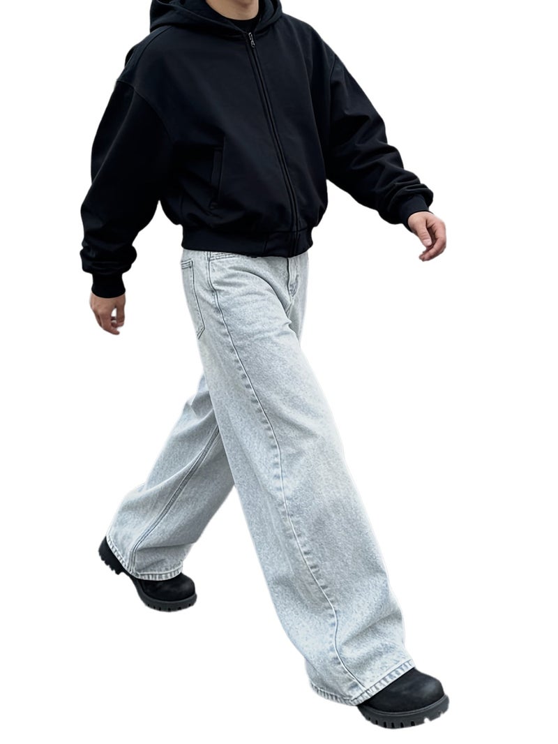 American High Street Light Gray Washed Wide-Leg Jeans Retro Distressed Loose Straight-Leg Pants Trendy Drop-Seat Trousers - Image 1
