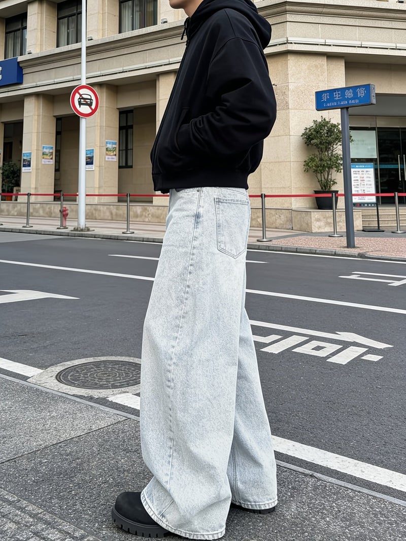 American High Street Light Gray Washed Wide-Leg Jeans Retro Distressed Loose Straight-Leg Pants Trendy Drop-Seat Trousers - Image 4