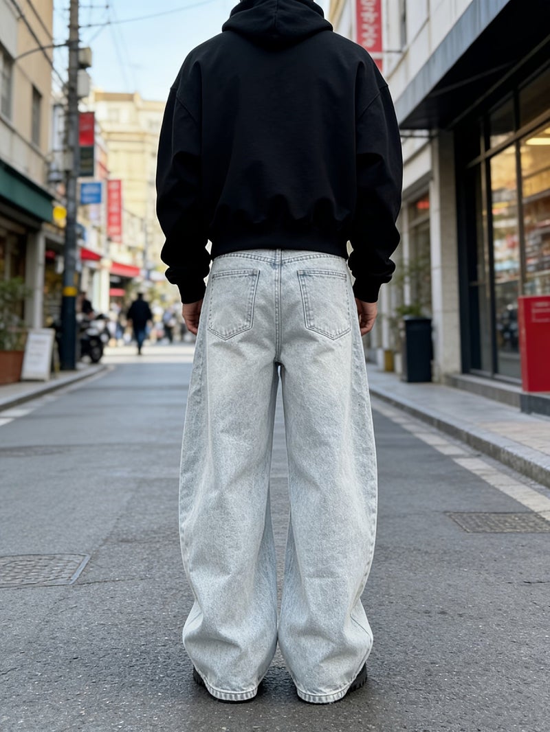 American High Street Light Gray Washed Wide-Leg Jeans Retro Distressed Loose Straight-Leg Pants Trendy Drop-Seat Trousers - Image 5