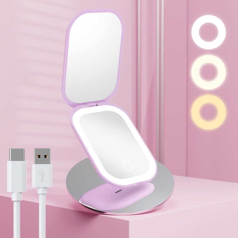 Benbilry Lighted Compact Travel Mirror with 3 Color Lights, 1X/3X Magnifying Ultra Slim Rechargeable Pocket Mirror for Purse, 2-Sided, Handheld, Folding, Portable, Purple - Image 1