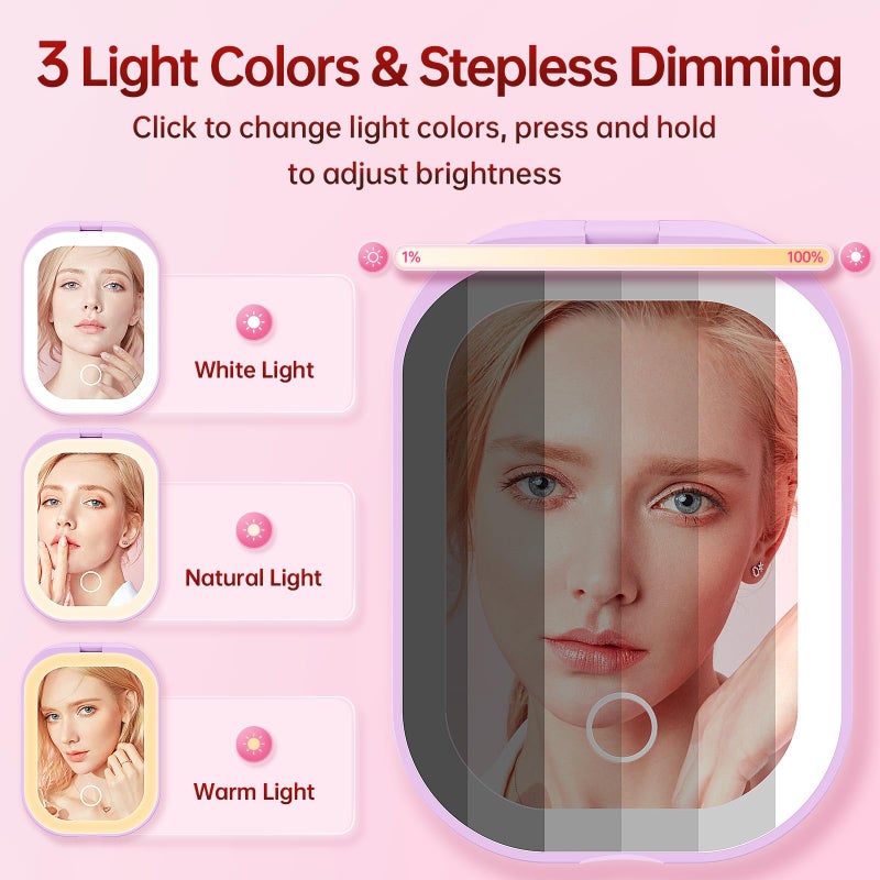 Benbilry Lighted Compact Travel Mirror with 3 Color Lights, 1X/3X Magnifying Ultra Slim Rechargeable Pocket Mirror for Purse, 2-Sided, Handheld, Folding, Portable, Purple - Image 5