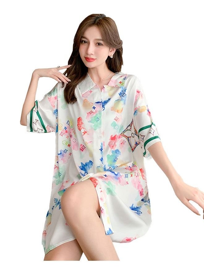 ZCM-HAPPY - Ladies Spring And Summer Chiffon Short-Sleeved Printed Shirt Nightdress Sleepwear Nightwear - Image 1