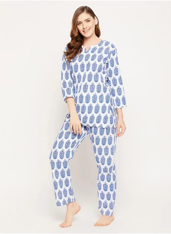 Clovia Cotton Floral Print 3/4 Sleeves Top & Pyjama Set by Styli