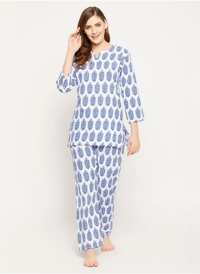Clovia Cotton Floral Print 3/4 Sleeves Top & Pyjama Set by Styli