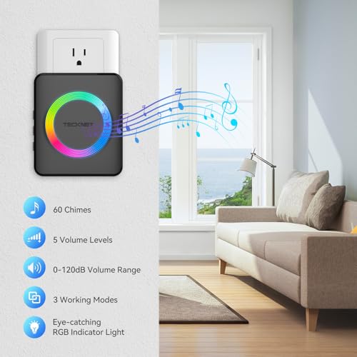 TECKNET Wireless Doorbell with 2 Plug-in Receivers, IP65 Waterproof Doorbells for Home, 1300ft Operating Range, 60 Melodies & 5 Volume Levels of 0-120 dB, RGB Light for Hearing Impaired - Image 2