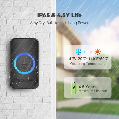 TECKNET Wireless Doorbell with 2 Plug-in Receivers, IP65 Waterproof Doorbells for Home, 1300ft Operating Range, 60 Melodies & 5 Volume Levels of 0-120 dB, RGB Light for Hearing Impaired - Image 4