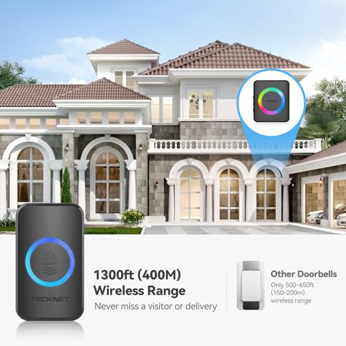 TECKNET Wireless Doorbell with 2 Plug-in Receivers, IP65 Waterproof Doorbells for Home, 1300ft Operating Range, 60 Melodies & 5 Volume Levels of 0-120 dB, RGB Light for Hearing Impaired - Image 3