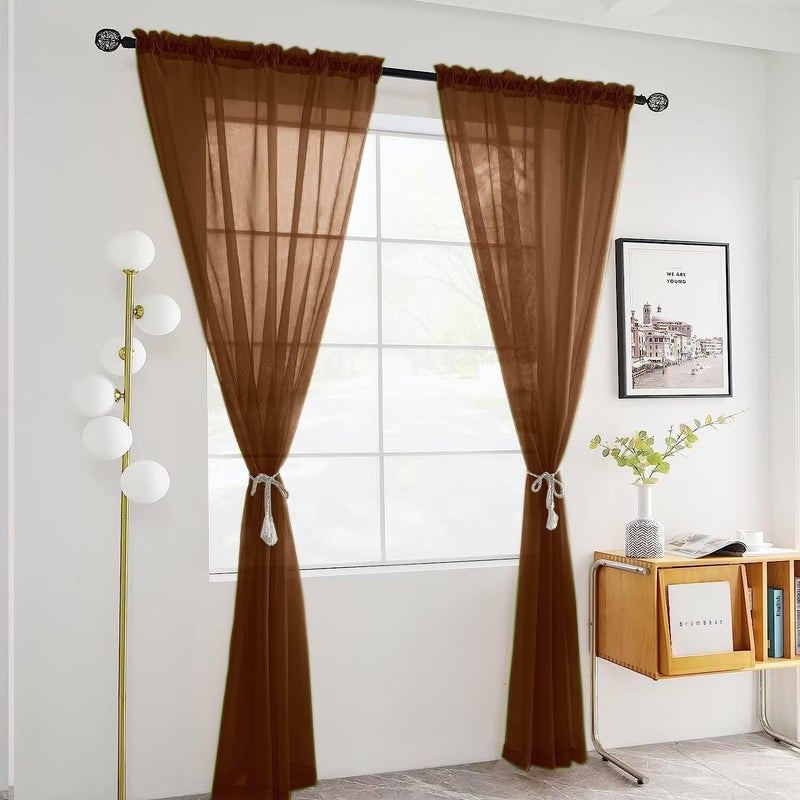 SpaceDresser Sheer Voile Window Treatment Rod Pocket Curtain Panels for Kitchen Bedroom Living Room Drapes Sunlight Filtering Privacy Semi Home Decor Assorted (Brown, 52 W x 84 L) - Image 2