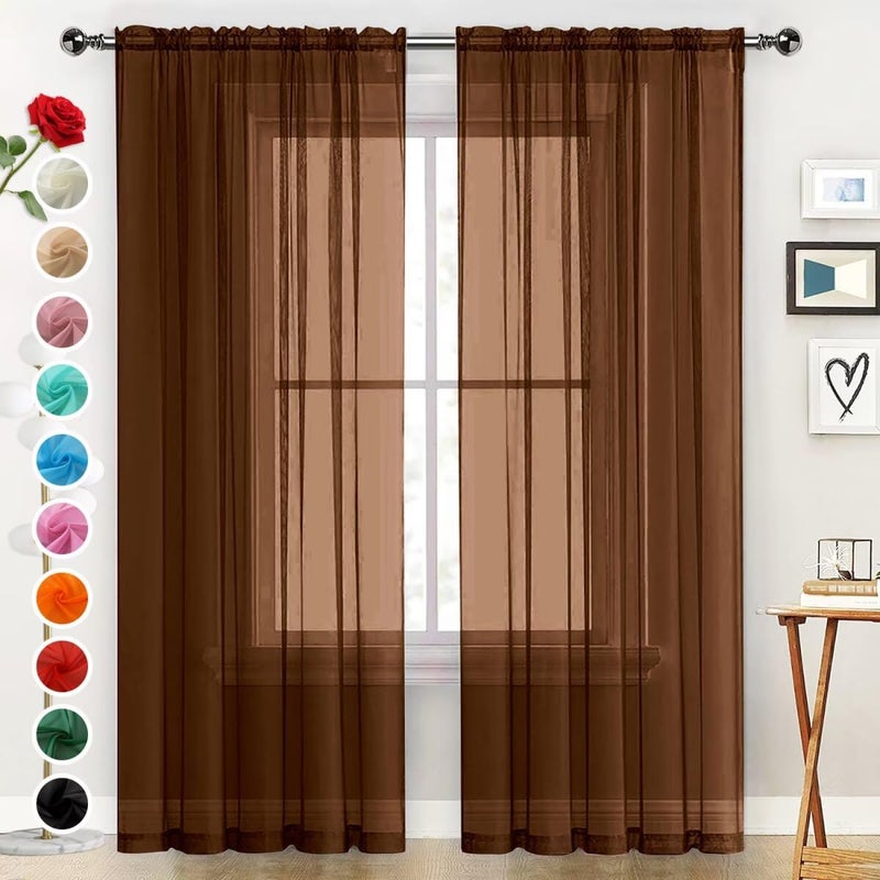 SpaceDresser Sheer Voile Window Treatment Rod Pocket Curtain Panels for Kitchen Bedroom Living Room Drapes Sunlight Filtering Privacy Semi Home Decor Assorted (Brown, 52 W x 84 L) - Image 1