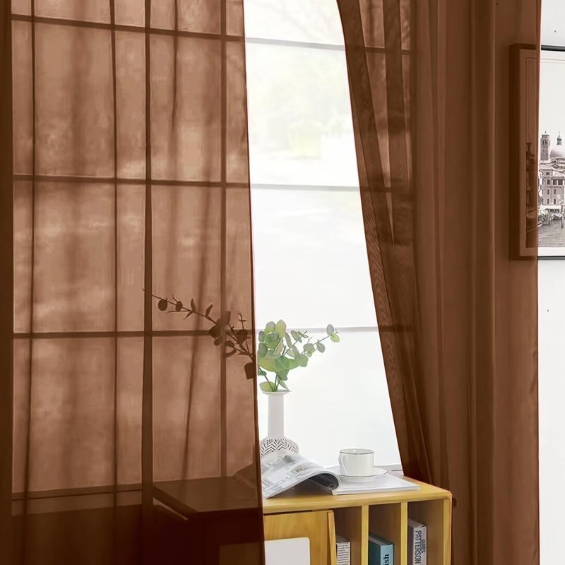 SpaceDresser Sheer Voile Window Treatment Rod Pocket Curtain Panels for Kitchen Bedroom Living Room Drapes Sunlight Filtering Privacy Semi Home Decor Assorted (Brown, 52 W x 84 L) - Image 3
