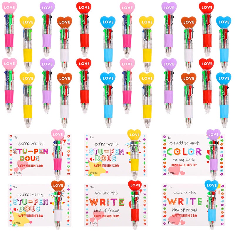 FOIMAS 24 Set Mini Multicolor Pens in One Valentine 4-in-1 Ballpoint Pen Pens with Valentine's Day Cards for Valentine's Day Party School Students Office Exchange Gift - Image 1
