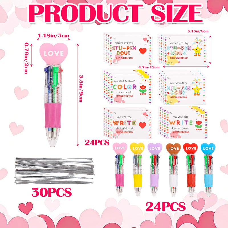 FOIMAS 24 Set Mini Multicolor Pens in One Valentine 4-in-1 Ballpoint Pen Pens with Valentine's Day Cards for Valentine's Day Party School Students Office Exchange Gift - Image 2