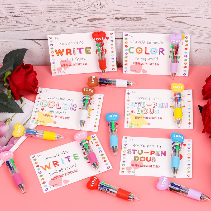 FOIMAS 24 Set Mini Multicolor Pens in One Valentine 4-in-1 Ballpoint Pen Pens with Valentine's Day Cards for Valentine's Day Party School Students Office Exchange Gift - Image 5