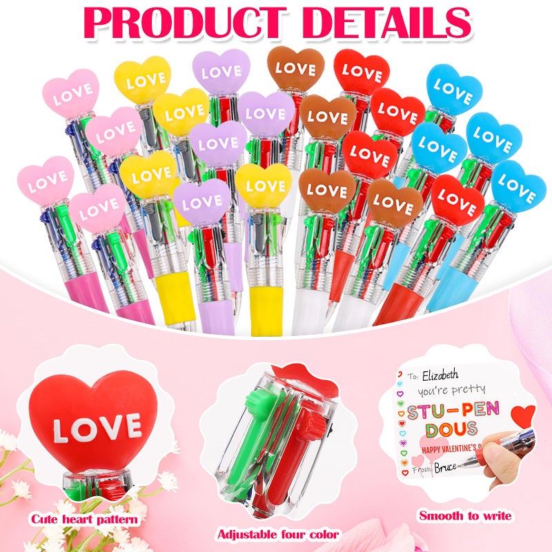 FOIMAS 24 Set Mini Multicolor Pens in One Valentine 4-in-1 Ballpoint Pen Pens with Valentine's Day Cards for Valentine's Day Party School Students Office Exchange Gift - Image 3