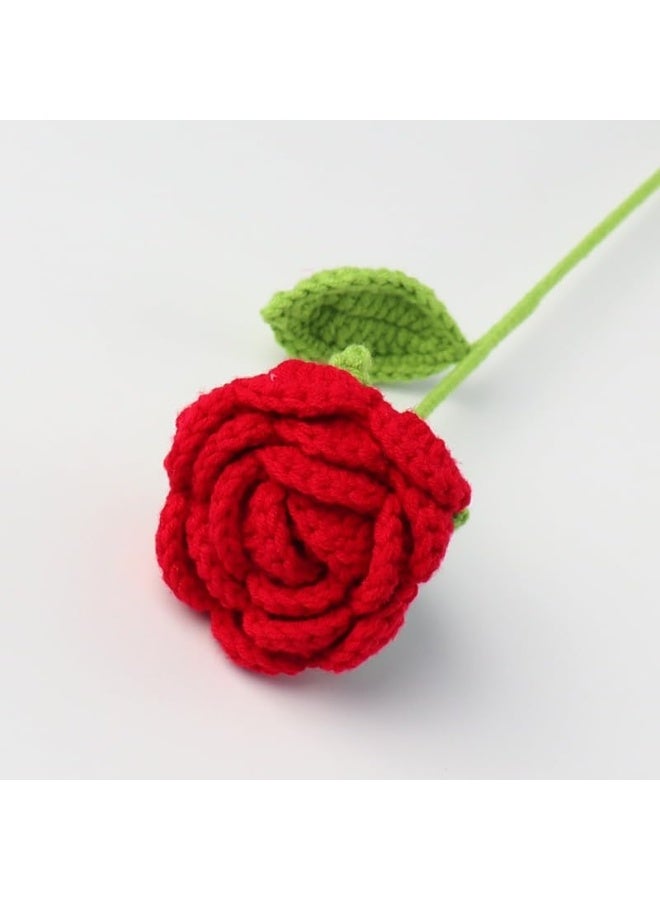 FDTY 6 PcsHandmade Crochet Rose Artificial Flower, Red with Green Leaf, Decorative Gift for Valentine's Day, Mother's Day, Wedding, (red) - Image 5