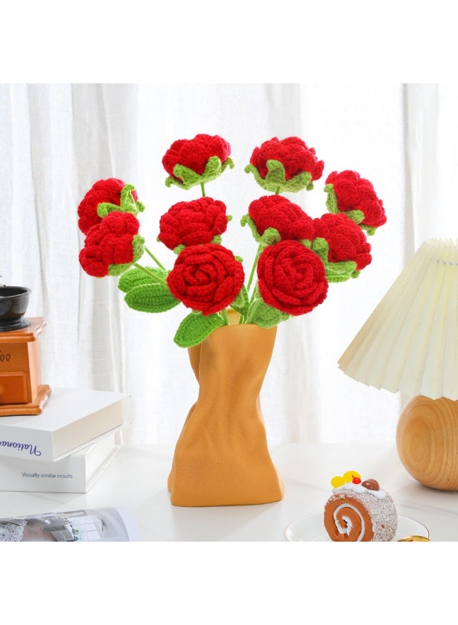 FDTY 6 PcsHandmade Crochet Rose Artificial Flower, Red with Green Leaf, Decorative Gift for Valentine's Day, Mother's Day, Wedding, (red) - Image 3
