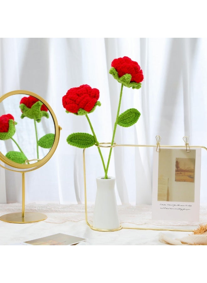 FDTY 6 PcsHandmade Crochet Rose Artificial Flower, Red with Green Leaf, Decorative Gift for Valentine's Day, Mother's Day, Wedding, (red) - Image 4