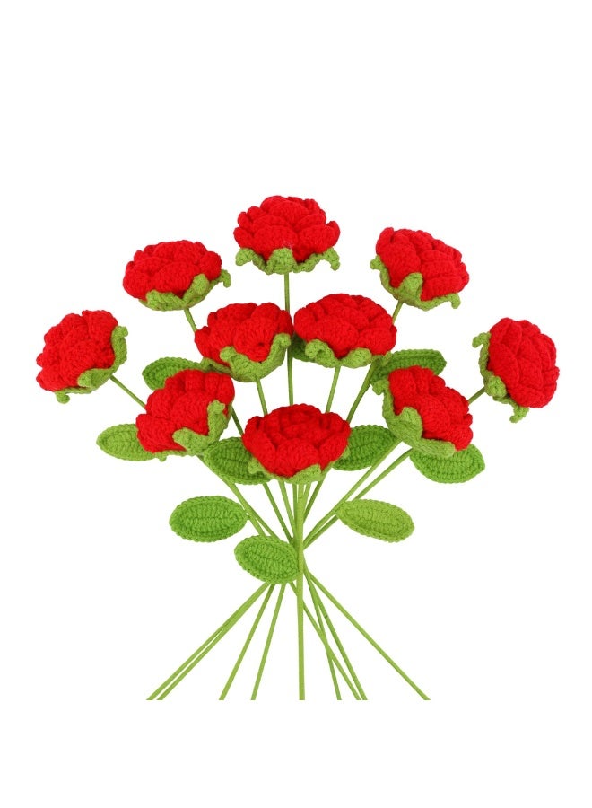 FDTY 6 PcsHandmade Crochet Rose Artificial Flower, Red with Green Leaf, Decorative Gift for Valentine's Day, Mother's Day, Wedding, (red) - Image 1