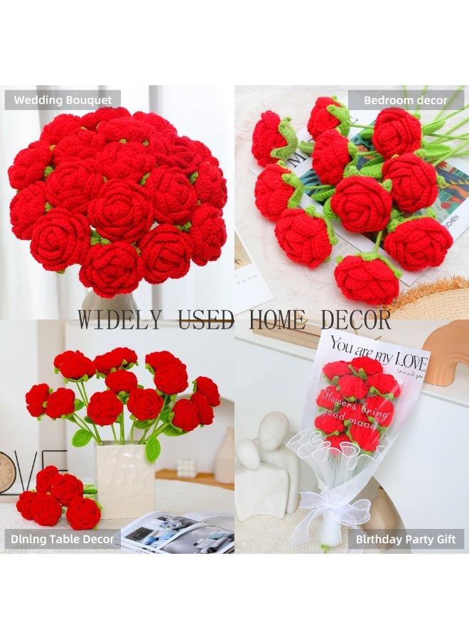 FDTY 6 PcsHandmade Crochet Rose Artificial Flower, Red with Green Leaf, Decorative Gift for Valentine's Day, Mother's Day, Wedding, (red) - Image 2