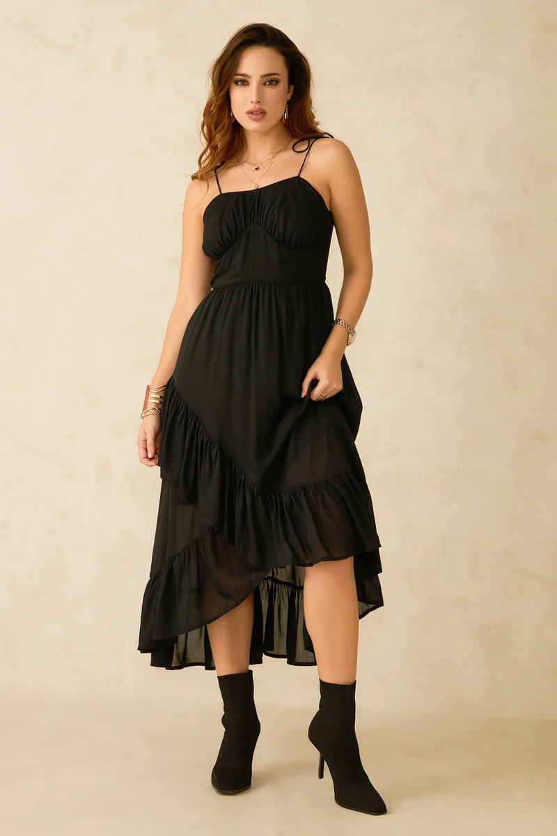 Virgio  Solid Modal Asymmetrical Frill Hem Dress for Women for Women | Best Price UAE