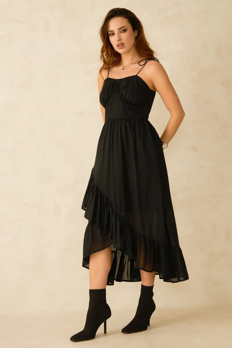 Virgio  Solid Modal Asymmetrical Frill Hem Dress for Women for Women | Best Price UAE
