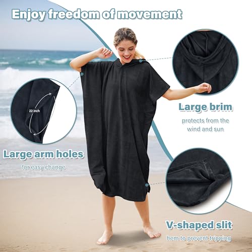 Catalonia Absorbent Surf Poncho Men Women, Quick Dry Towel Changing Poncho, Hooded Towel Robe Adult, Beach Surfing Swimming, Black - Image 4