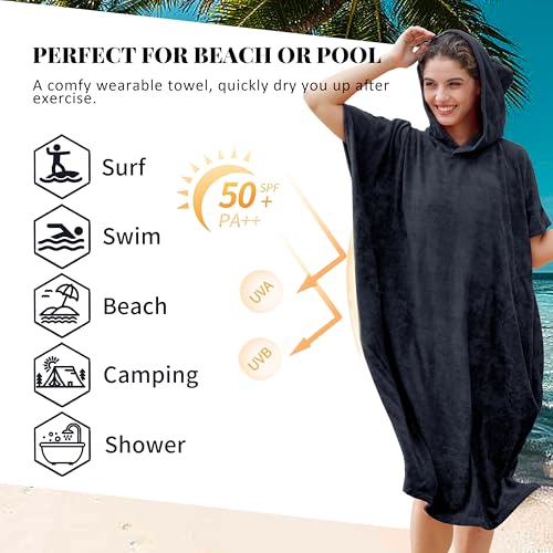 Catalonia Absorbent Surf Poncho Men Women, Quick Dry Towel Changing Poncho, Hooded Towel Robe Adult, Beach Surfing Swimming, Black - Image 5