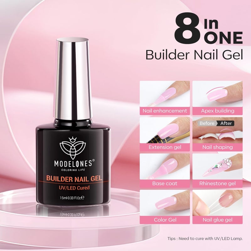 modelones Builder Nail Gel, 8-in-One Baby Pink Builder, Pastel Pink Rubber Base Gel Polish, LED Lamp Cured Color Base Hardener Apex Building Strengthener Extension for DIY Salon Girls Home - Image 3