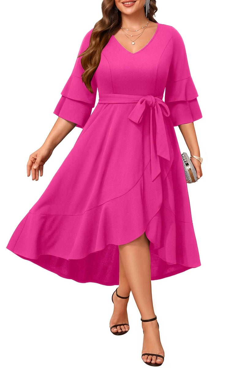 Talisea Plus Size Hot Pink Dress Easter Church Formal Cocktail Wedding Guest Double Bell Sleeve High Low Split Ruffle Dresses - Image 1