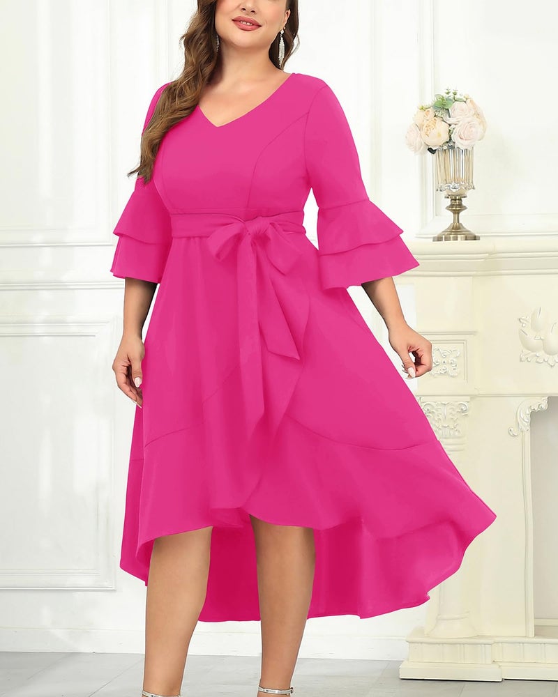 Talisea Plus Size Hot Pink Dress Easter Church Formal Cocktail Wedding Guest Double Bell Sleeve High Low Split Ruffle Dresses - Image 3