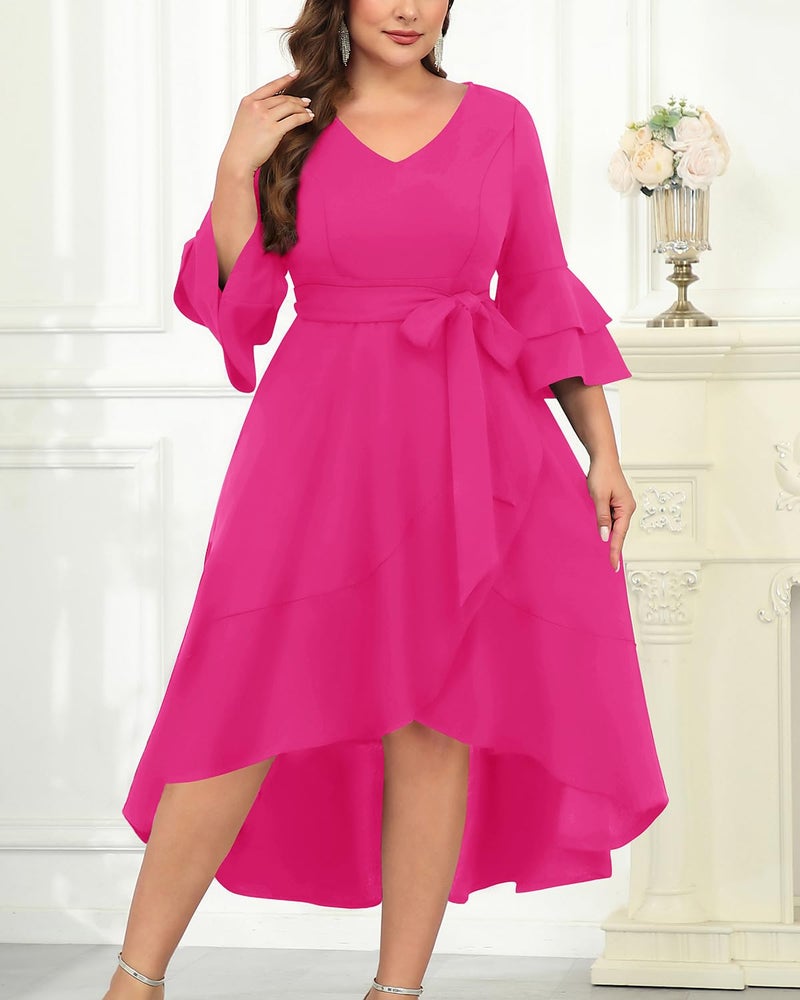 Talisea Plus Size Hot Pink Dress Easter Church Formal Cocktail Wedding Guest Double Bell Sleeve High Low Split Ruffle Dresses - Image 2