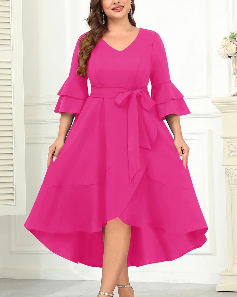 Talisea Plus Size Hot Pink Dress Easter Church Formal Cocktail Wedding Guest Double Bell Sleeve High Low Split Ruffle Dresses - Image 5