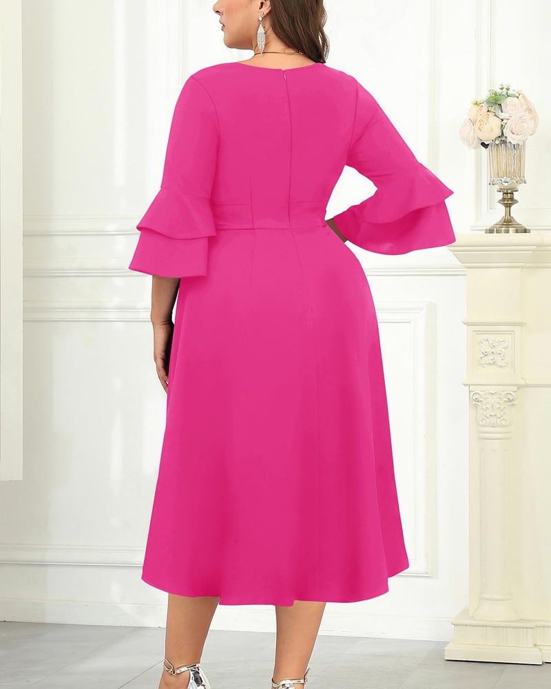 Talisea Plus Size Hot Pink Dress Easter Church Formal Cocktail Wedding Guest Double Bell Sleeve High Low Split Ruffle Dresses - Image 4