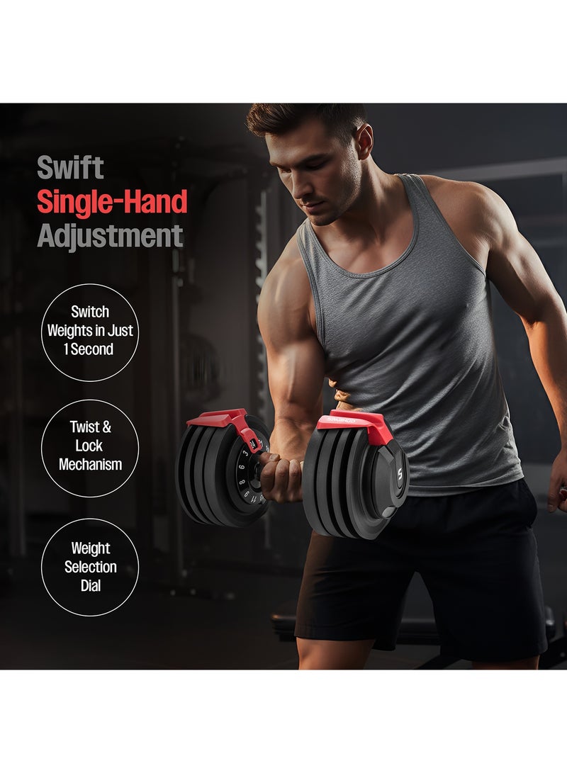 Sparnod Fitness دمبل قابل للتعديل SAD-24، 24 كجم مع 12 زيادة في الوزن (3–24 كجم)، تعديل سريع بيد واحدة، قفل أمان ورف تخزين، مقبض مريح غير قابل للانزلاق، بناء من الصلب الممتاز - Image 3