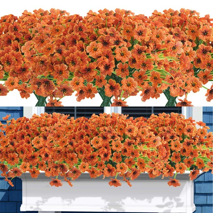 16 BUNDLES ARTIFICIAL FALL FLOWERS NO FADE FAUX AUTUMN PLANTS FAKE INDOOR OUTDOOR GREENERY FOR THANKSGIVING TABLE CENTERPIECE CHRISTMAS WEDDING PARTY HOME GARDEN FIREPLACE DCOR ORANGE