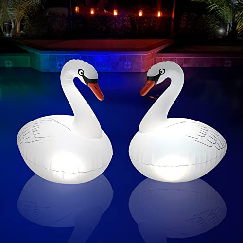 Goallim Floating Pool Lights Solar 2PK, Waterproof Inflatable Swan Pool Lights, Glow in The Dark Color Changing LED Pool Floating Swan Light for Backyard Spa Patio Wedding Party Decor - Image 1