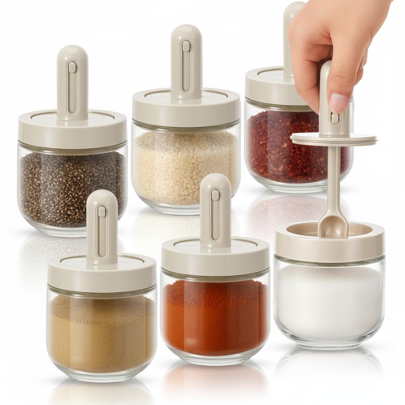 Mysora 6 Piece Glass Salt Container | Storage | Pepper, Table Salts, Sugar, Gourmet Salts, Spice |chili Herbs |12 oz |glass Salt Container with Lid and Retractable Spoon - Image 1