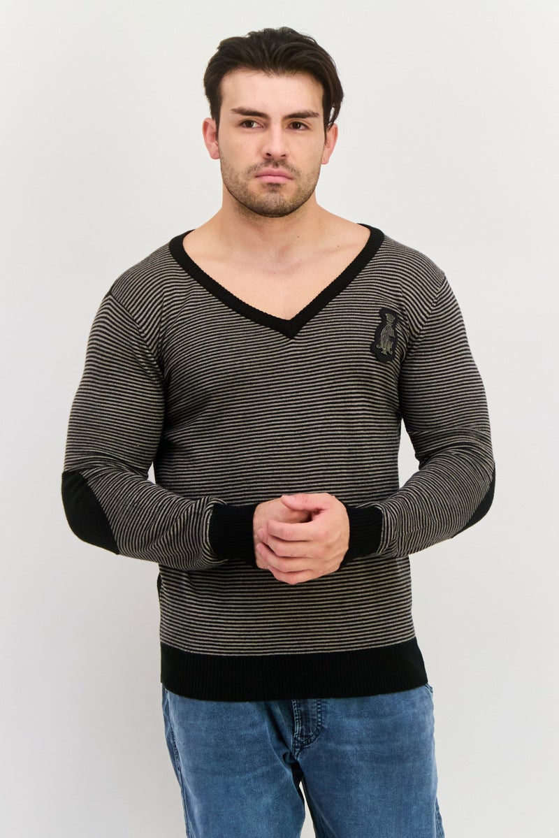 CHRISTIAN AUDIGIER Men V Neck Stripe Long Sleeves Sweater, Black Combo - Image 1