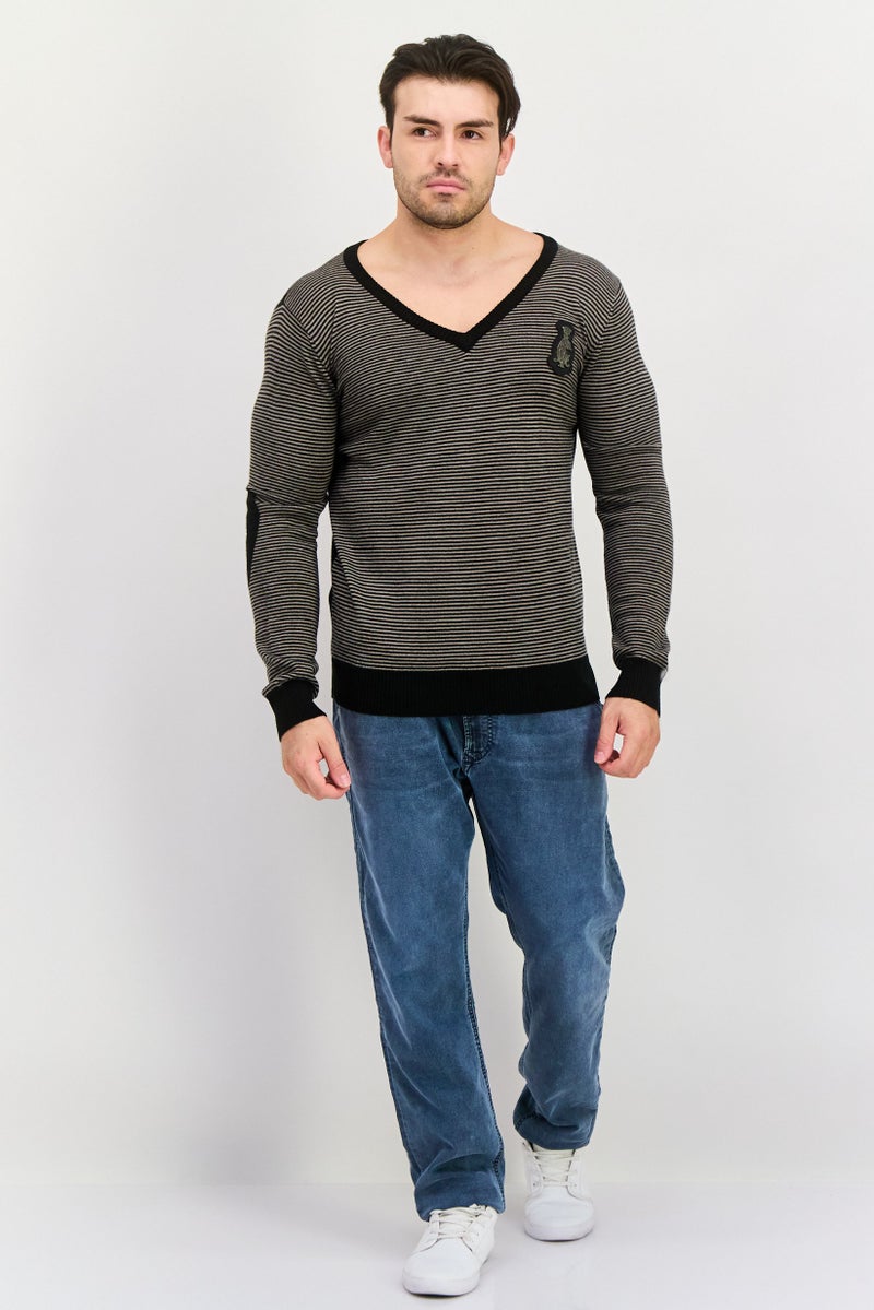 CHRISTIAN AUDIGIER Men V Neck Stripe Long Sleeves Sweater, Black Combo - Image 2