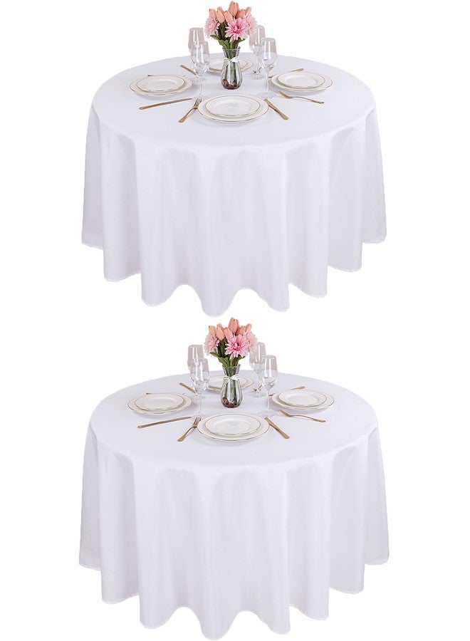 Kesfey 90 Inch Round Table Cloths White 2 Packs Stain and Wrinkle Polyester Tablecloths Washable High Density Tablecovers Fabric Table Covers for Wedding Celebration Buffet Camping Banquet Parties - Image 1