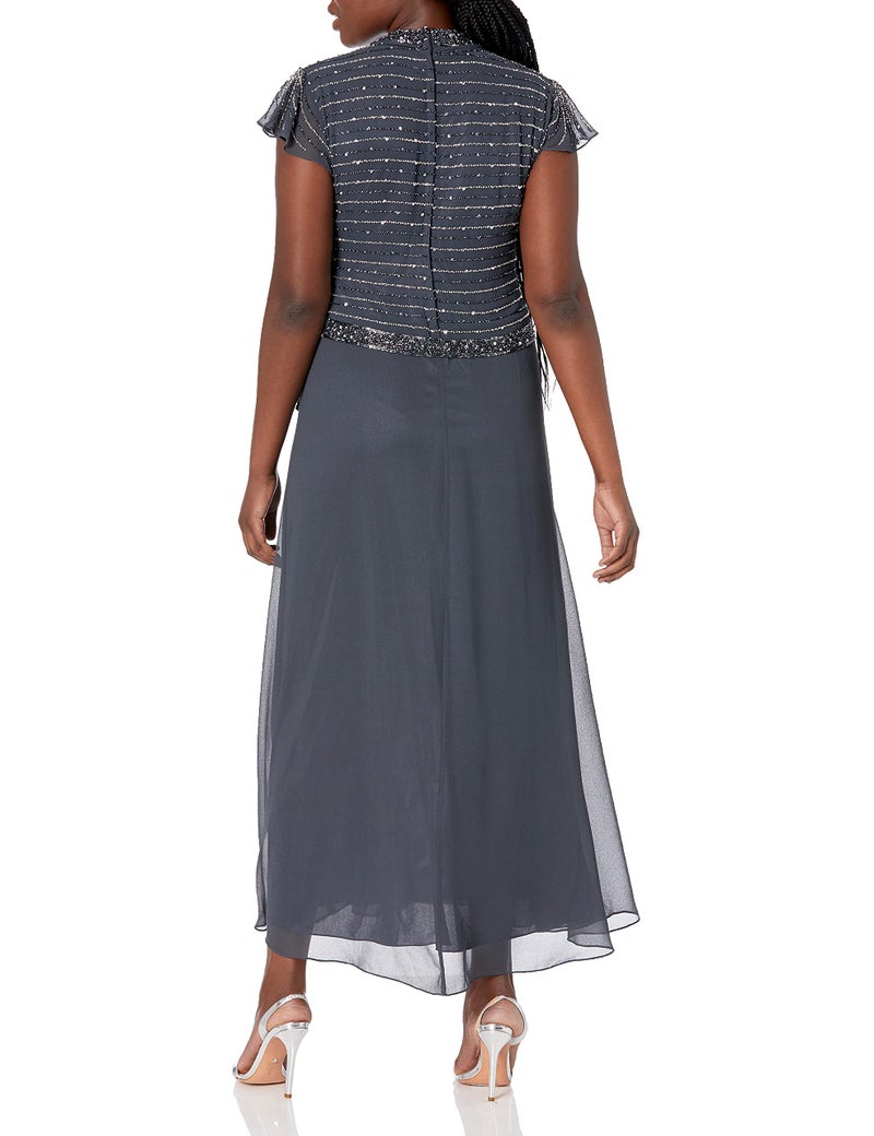 J Kara Women's Petite Petite Faux Wrap Long Dress W/Flutter Sleeve Dress, Grey/White/Silver, 14P - Image 2
