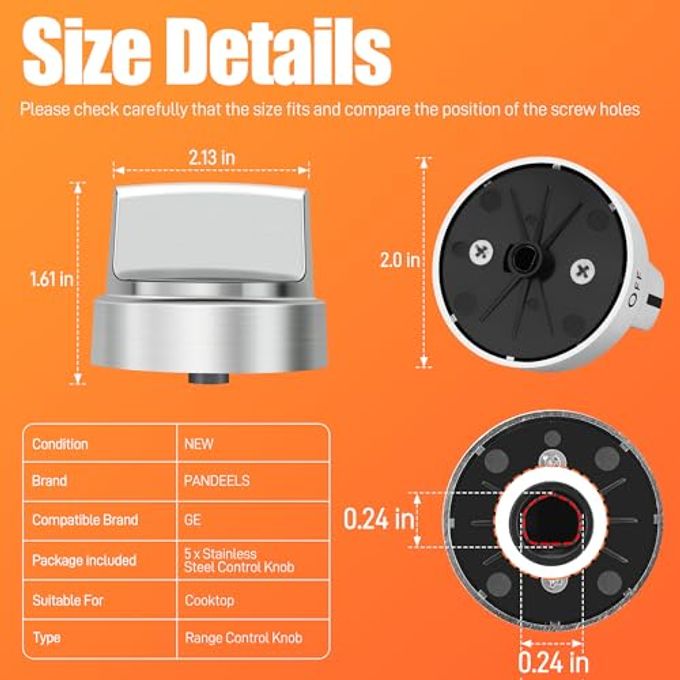 PANDEELS WB03X24818 Stainless Steel Compatible with GE Stove Replacements Gas Range Burner Control Knob Replace 4363588, AP5989029, PS11729081, EAP11729081 (Pack of 5,Not Universal) - Image 2