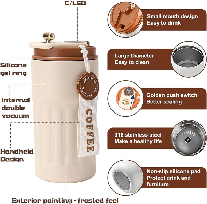 Zorzel Travel Coffee Mug Stainless Steel Vacuum Insulated Coffee Cup Portable Intelligent Temperature Display Insulated Tumbler Leakproof Keep Hot or Cold for Coffee Tea Ice Drinks 450ml - Image 2